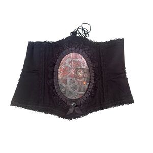 Steampunk Louise Black Lace Corset Belt with clock gears in front